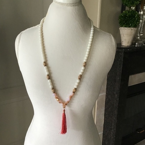 Tassel Necklace Coral Ivory Pink Faceted Beads Long Boho Adjustable Goldtone - Picture 2 of 12